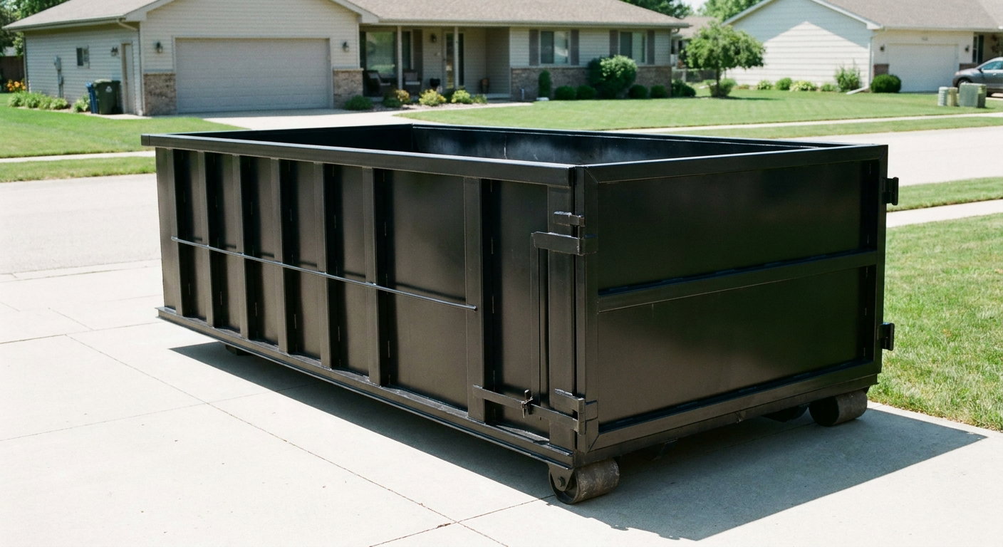 Matte-black 10-yard roll-off dumpster on a residential concrete driveway in Murrieta, uniformly painted matte black across every panel and rail, ribbed steel sidewalls and rear swing door visible, mid-day daylight.