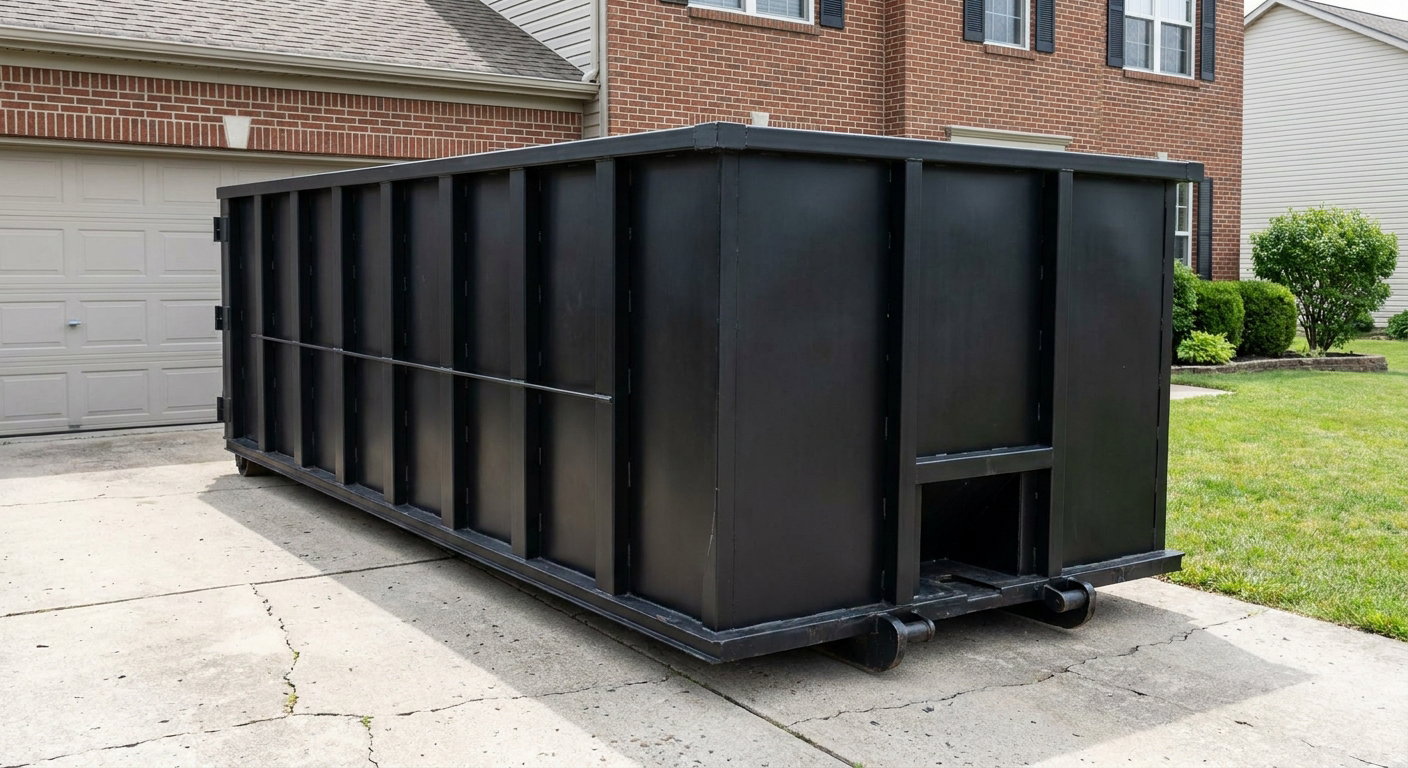 Matte-black 20-yard roll-off container on a Murrieta residential concrete driveway with reinforced ribbed steel sidewalls and a hinged rear walk-in door, clean bright daylight.