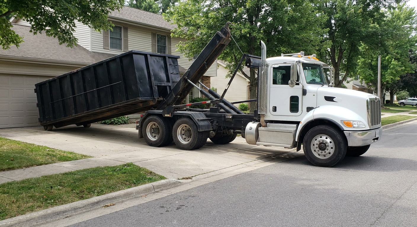 White-cab hooklift roll-off truck actively lowering a matte-black dumpster onto a Murrieta residential concrete driveway, the dumpster's rear wheels touching the driveway as the hoist arm tilts the bed forward, mid-morning daylight.