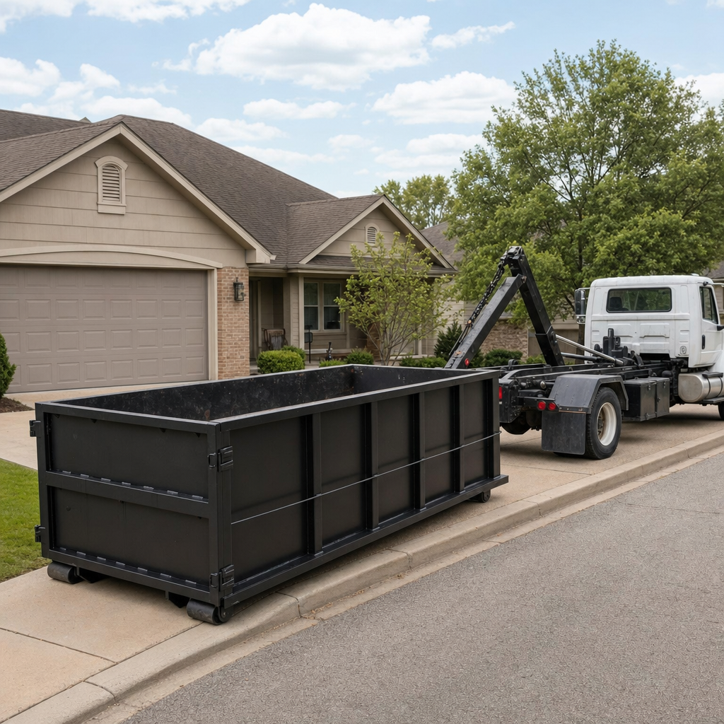 Wide documentary shot of a matte-black roll-off dumpster on a Murrieta residential driveway in the foreground and a contractor jobsite container in the soft-focus background, bright daylight, calm and orderly composition.